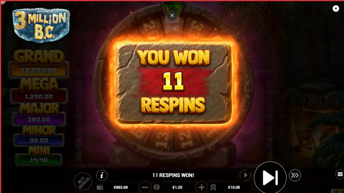 Pemandangan visual 3D slot 3 Million B.C. dengan latar belakang zaman batu dan roda jackpot.
