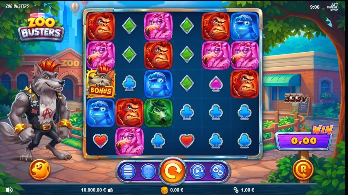 Tampilan visual slot Zoo Busters dengan karakter hewan punk